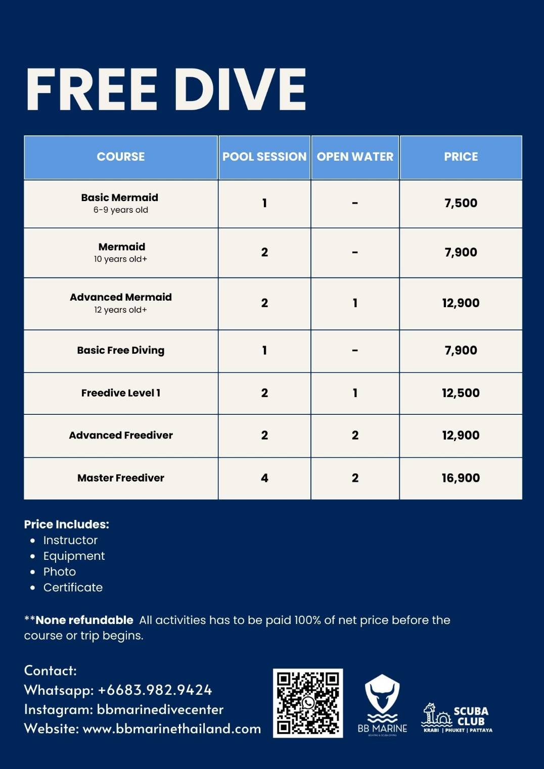 Free Diving Pricelist